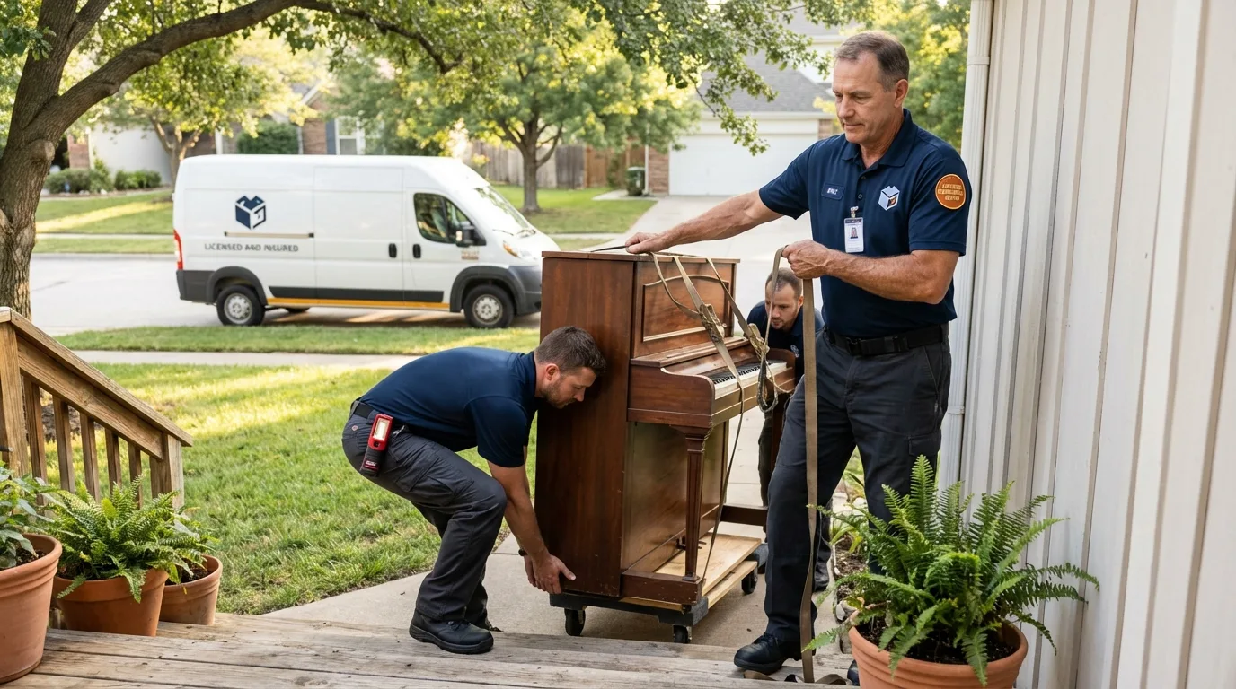 Licensed piano movers securing grand piano in Marlow, OK
